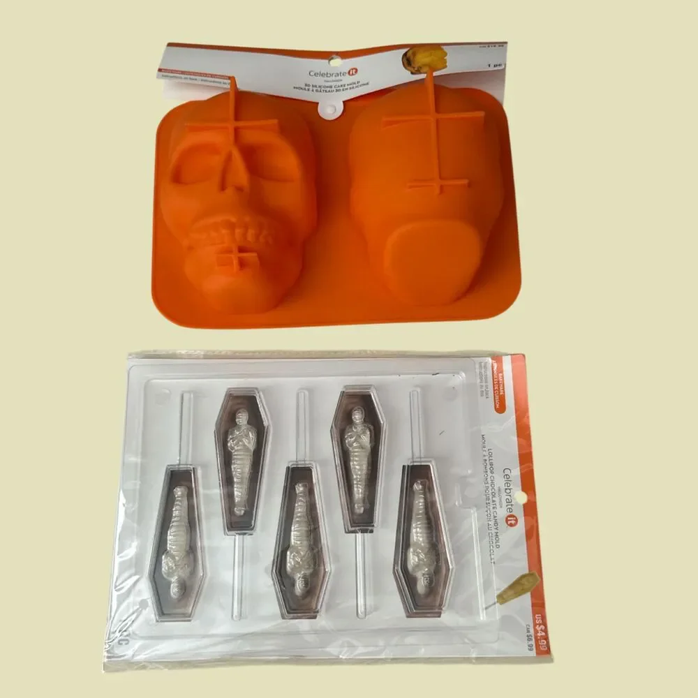 Celebrate It Halloween Skull Cake Mold & Mummy Coffin Candy Mold Lot of 2 New